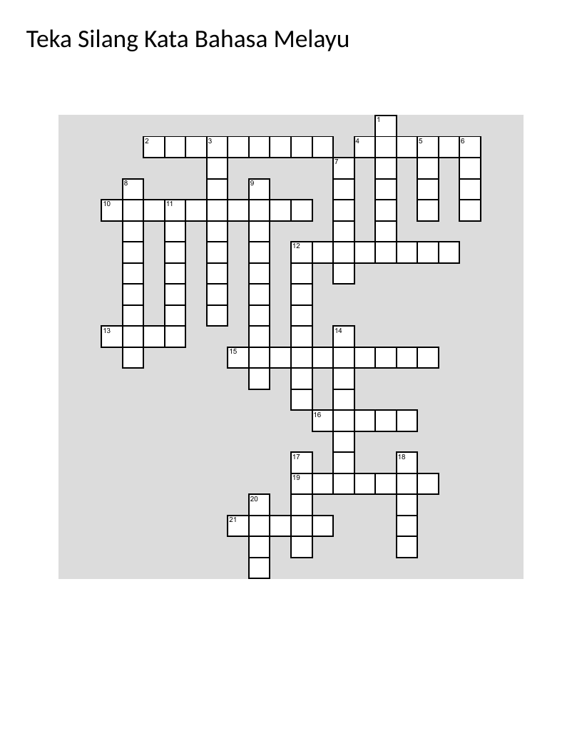 Malay language crossword with grammar, vocabulary, proverbs, and literary terms.