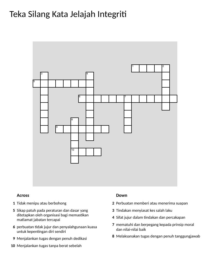Integrity and ethics crossword in Malay with words like honesty, discipline, and corruption.