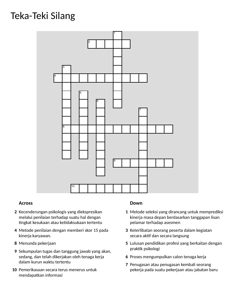 Indonesian psychology crossword with HR and organizational psychology vocabulary.