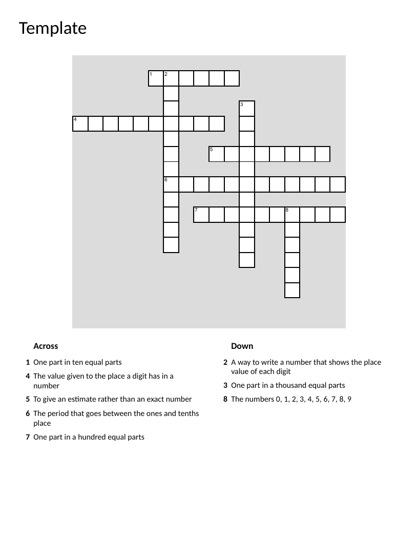 Decimals and place value crossword with tenths, hundredths, and rounding.