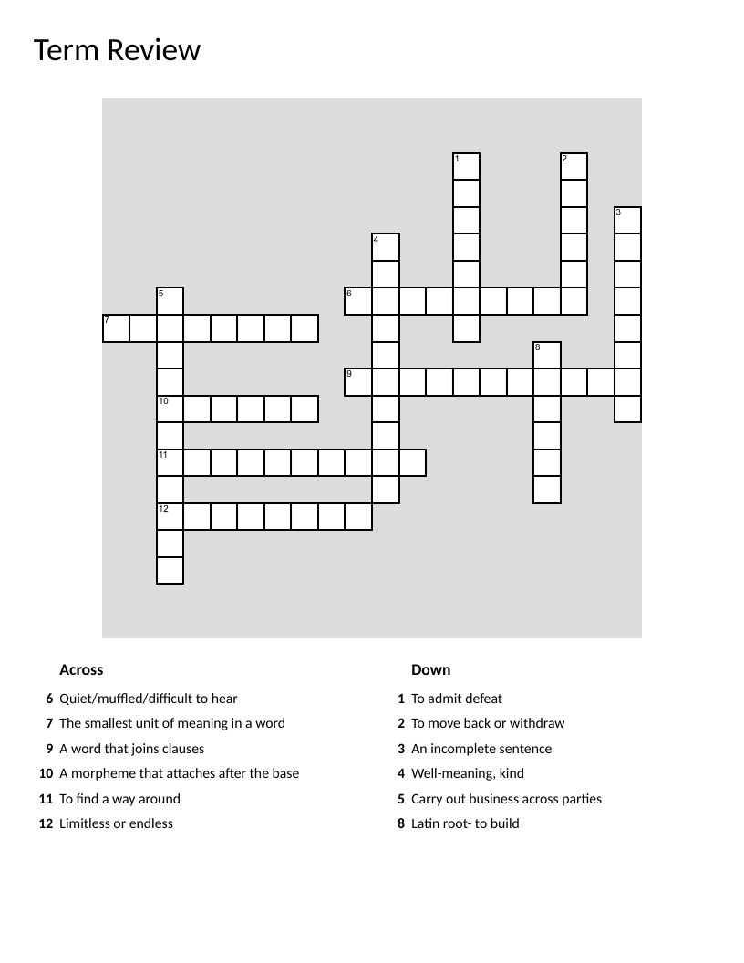 Vocabulary and grammar crossword with morpheme, suffix, and Latin roots.