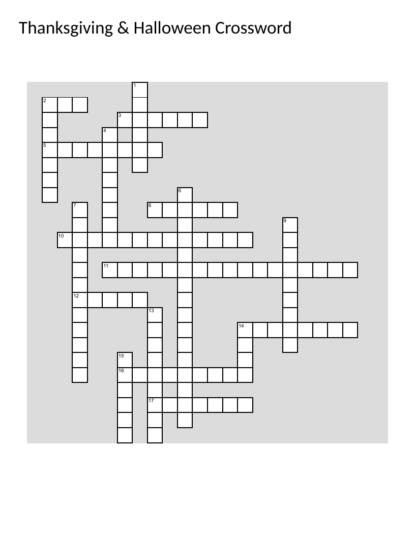 Thanksgiving and Halloween crossword with turkey, pumpkin, costumes, and Mayflower.