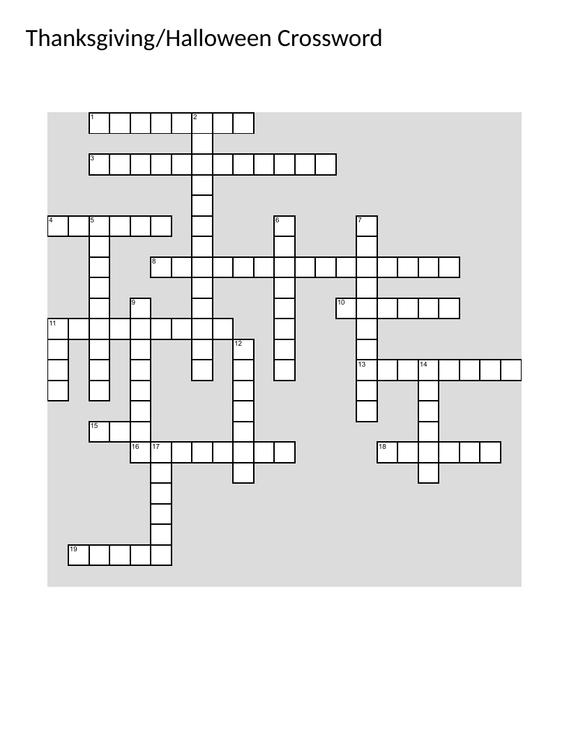 Thanksgiving and Halloween crossword with pumpkins, turkey, pilgrims, and autumn vocabulary.