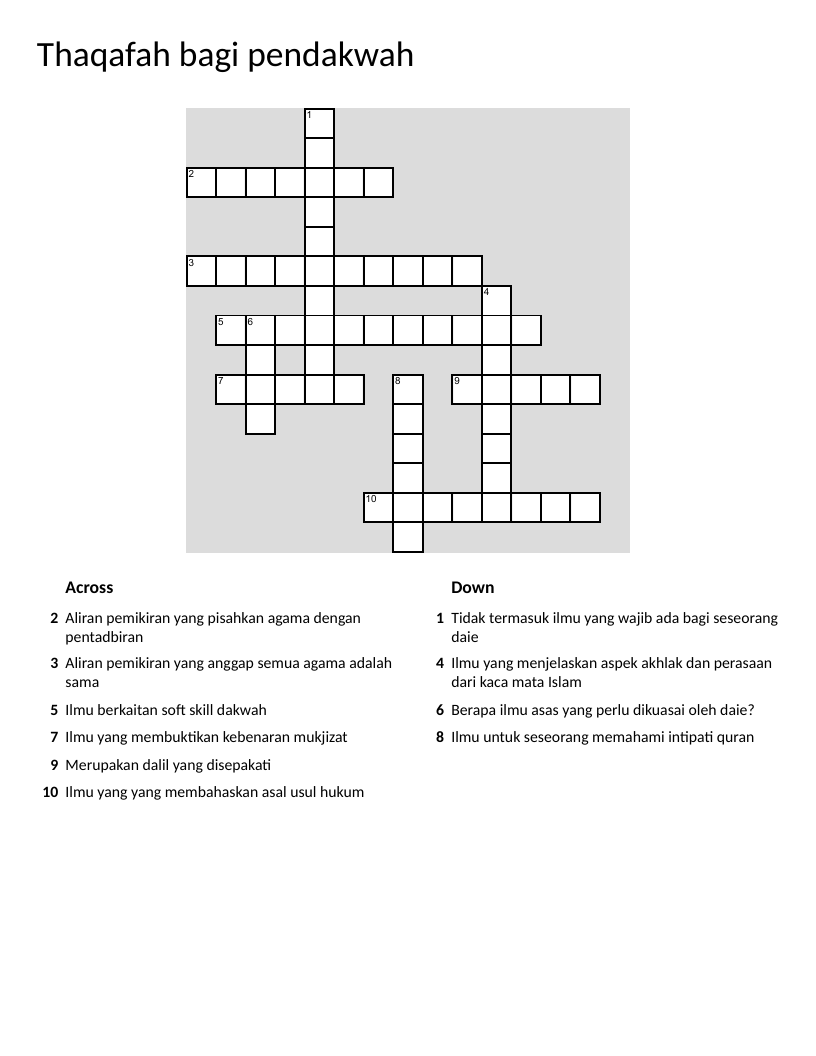 Islamic knowledge crossword with Hadith, Qur'an, and jurisprudence clues.