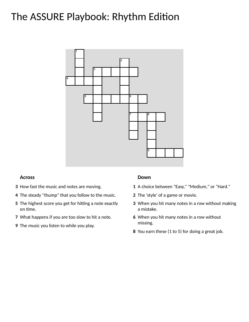 Music rhythm game vocabulary crossword with beat, tempo, and combo clues.