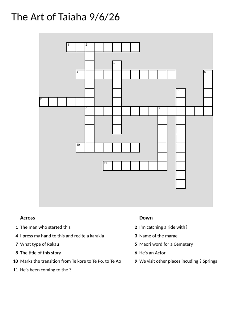 Crossword about The Art of Taiaha featuring Māori language and cultural terms.