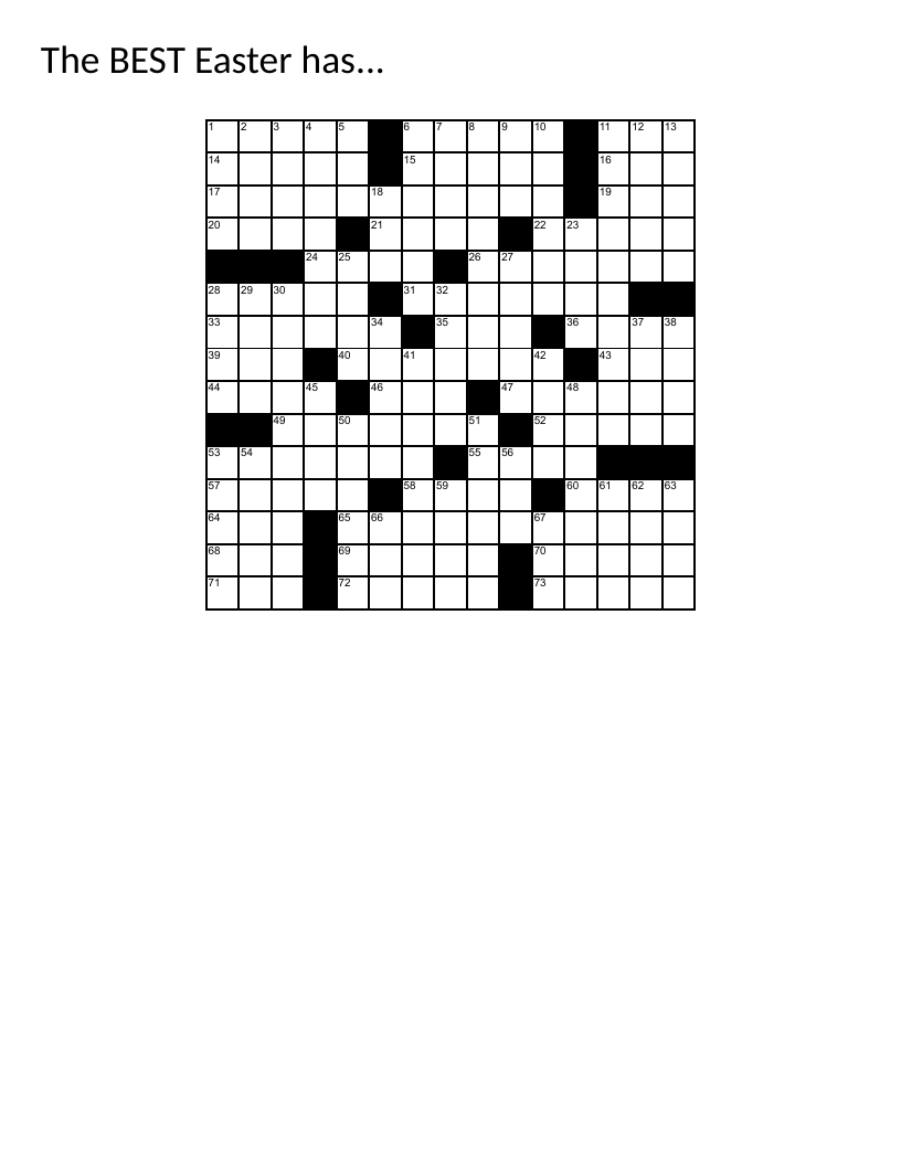 Easter-themed crossword puzzle with holiday clues about eggs, jellybeans, and chocolates.