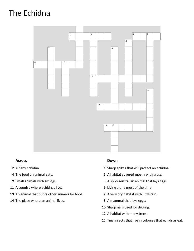 Echidna crossword puzzle about Australian animals, habitat, and quills.