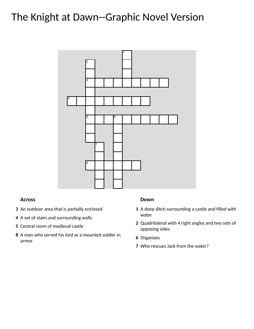 The Knight at Dawn crossword puzzle with castle, knight, and moat vocabulary.
