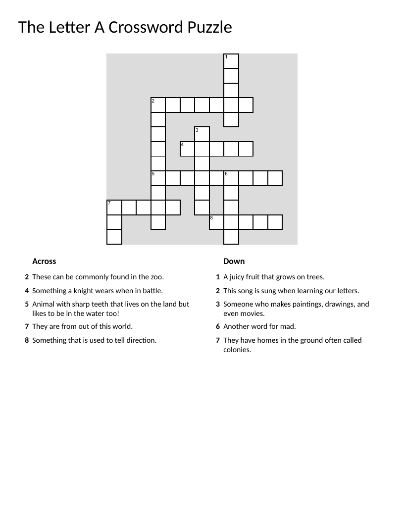 Letter A crossword with words like alligator, apple, and armor.