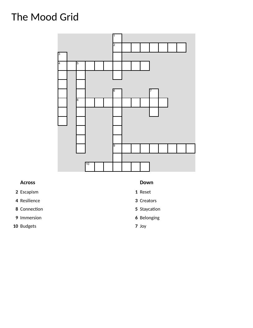 Social-emotional learning crossword with words like resilience, connection, and belonging.