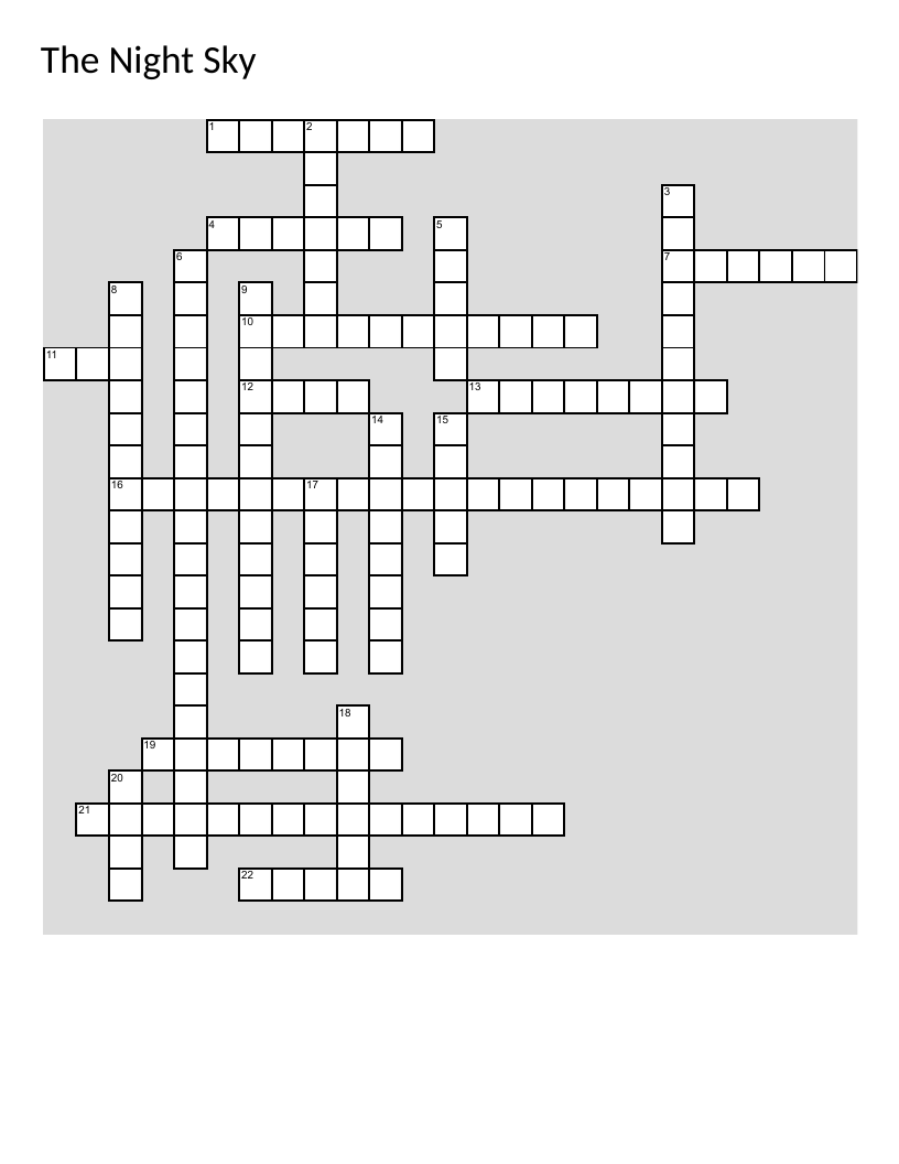 Night sky astronomy crossword with constellations, stars, and Earth's rotation.