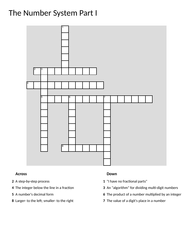 Math crossword about decimals, fractions, place value, and number-system concepts.