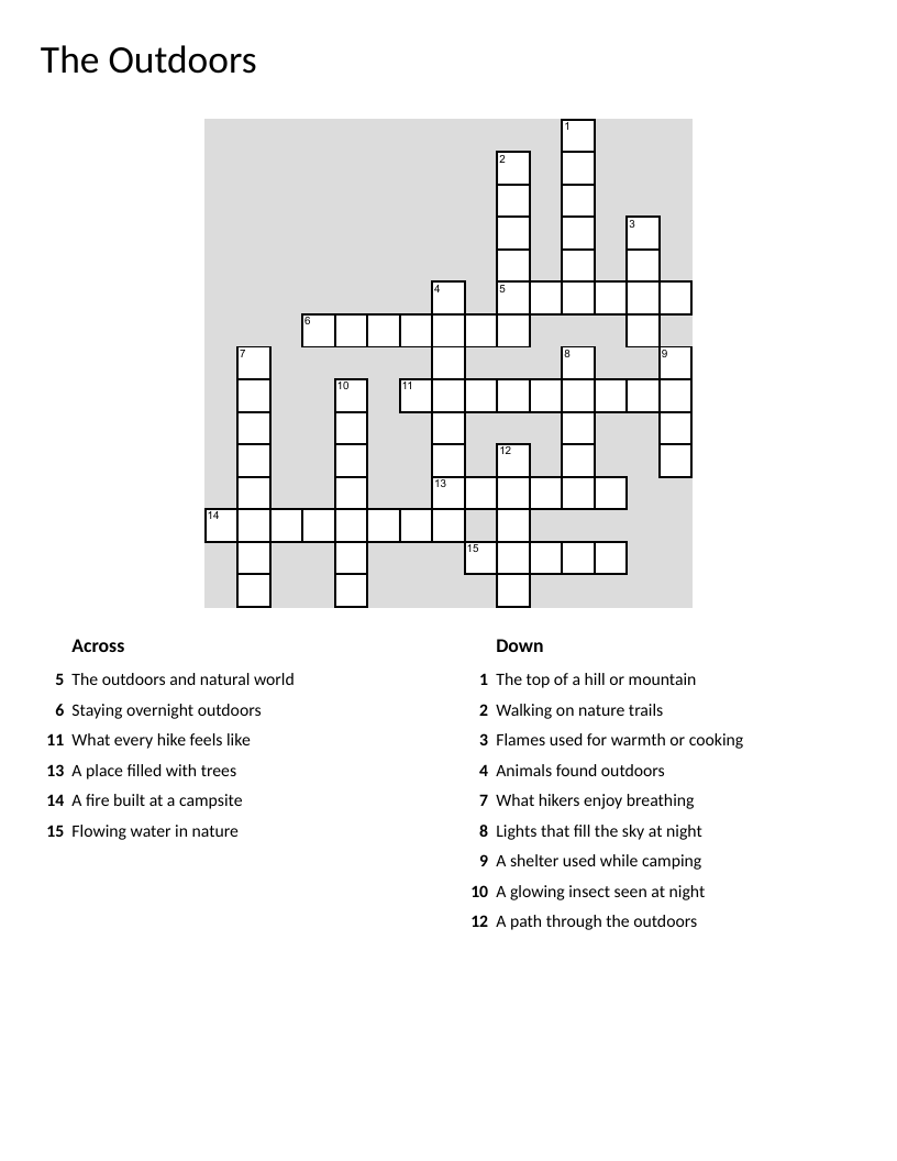 Outdoor activities and nature crossword with camping, hiking, and wildlife.