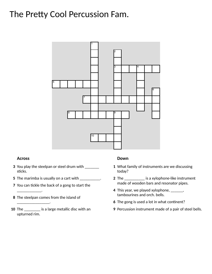Percussion instruments crossword with marimba, gong, steelpan, and xylophone.