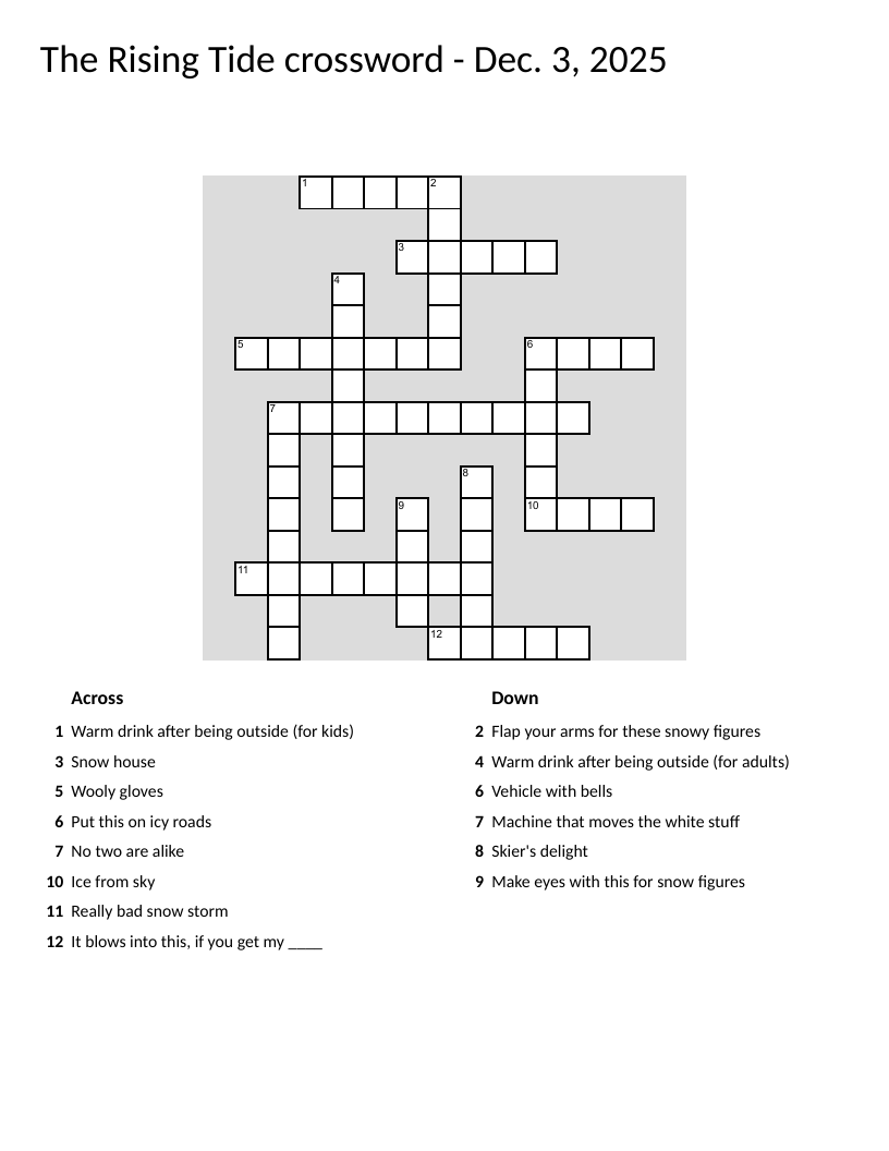 Winter crossword puzzle with snowflakes, blizzard, and sledding vocabulary.