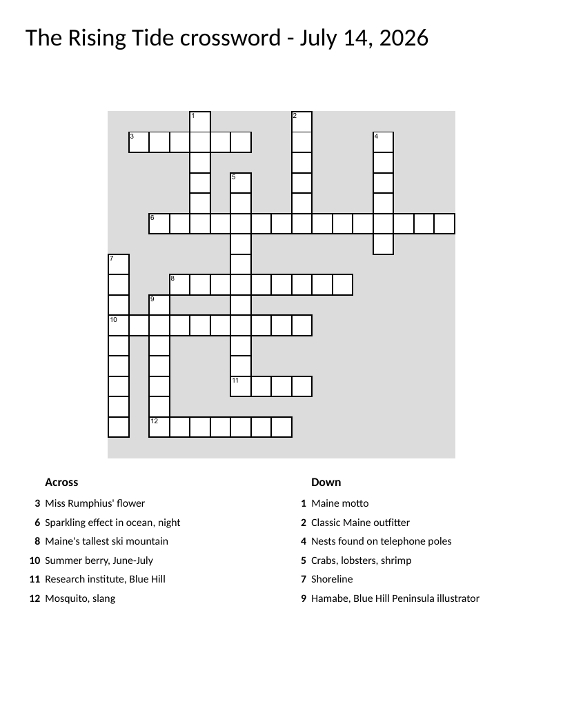 Maine-themed crossword with lupines, lobsters, and Sugarloaf Mountain.