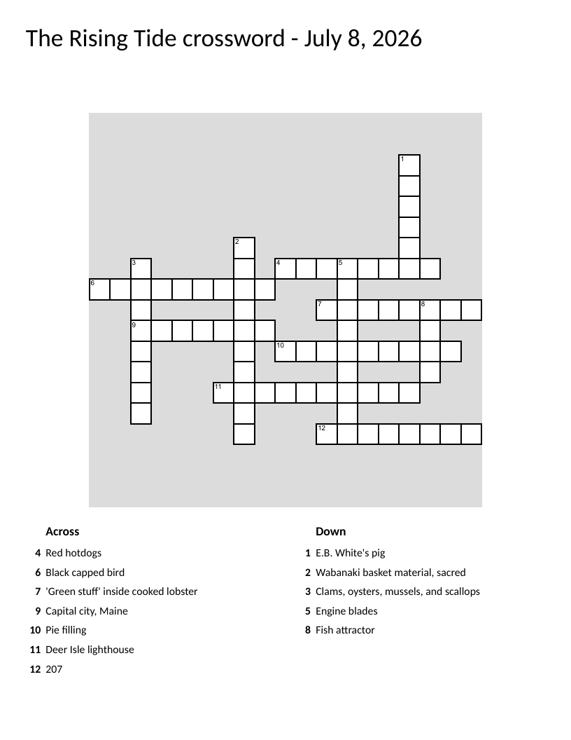 Maine crossword with clues about lighthouses, lobster, blueberries, and local culture.
