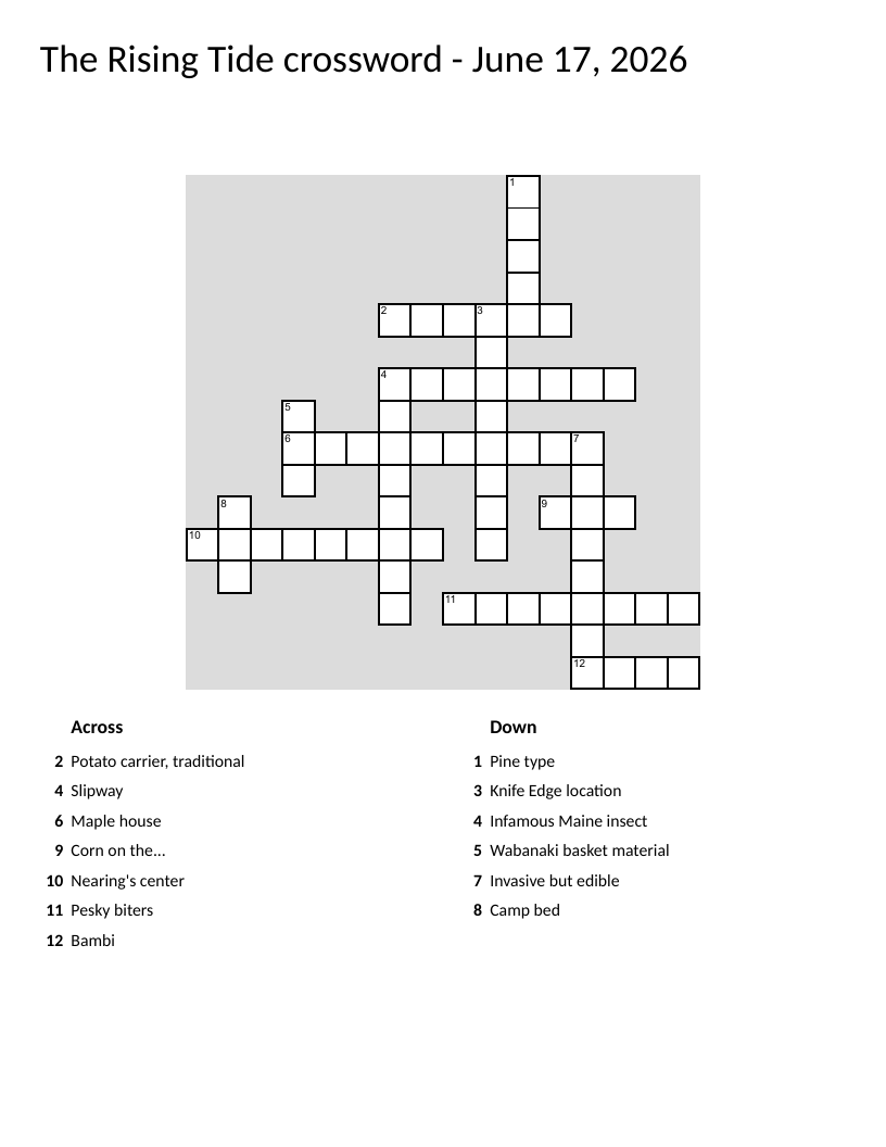 Maine crossword puzzle with clues about Mount Katahdin, black flies, and sugar shacks.