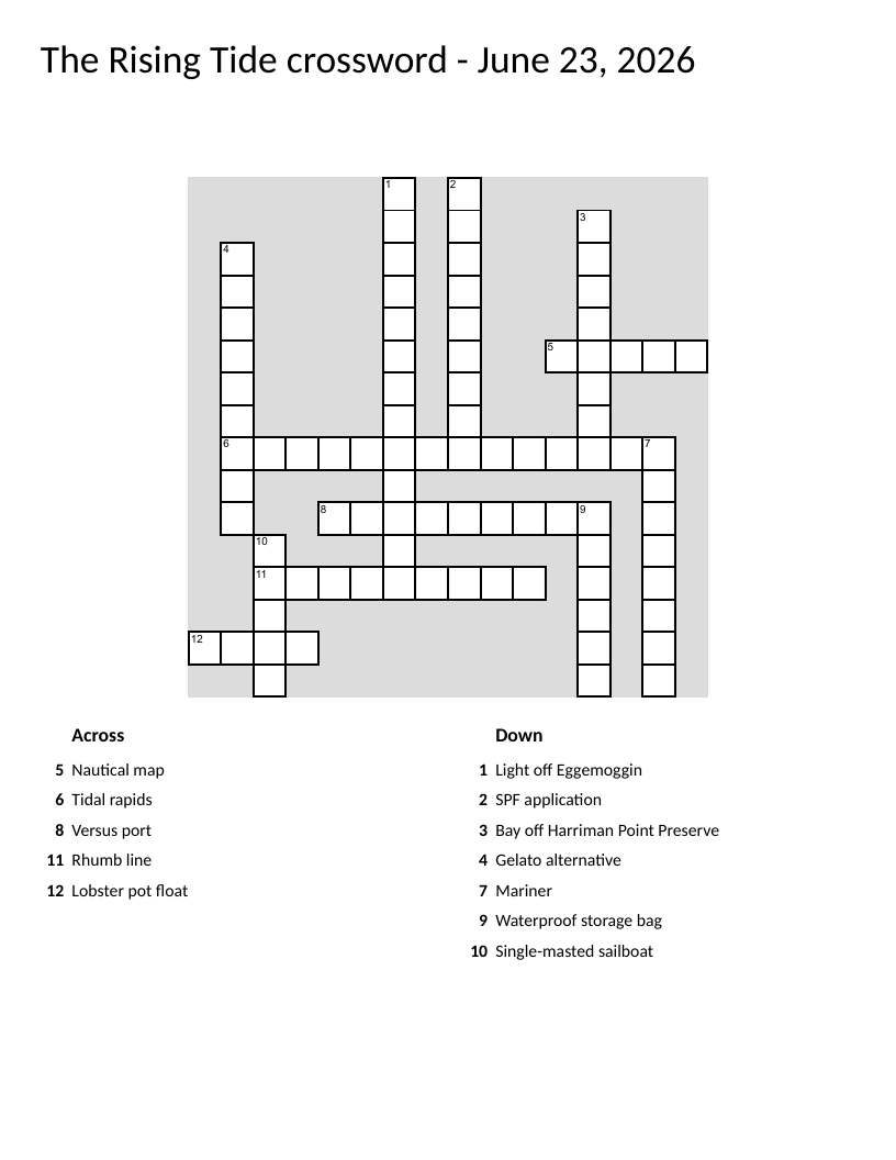 Maritime crossword with nautical terms, Maine coastal landmarks, and sailing vocabulary.