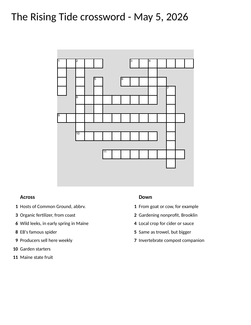 Spring farm and garden crossword with Maine crops, farmers markets, and composting vocabulary.