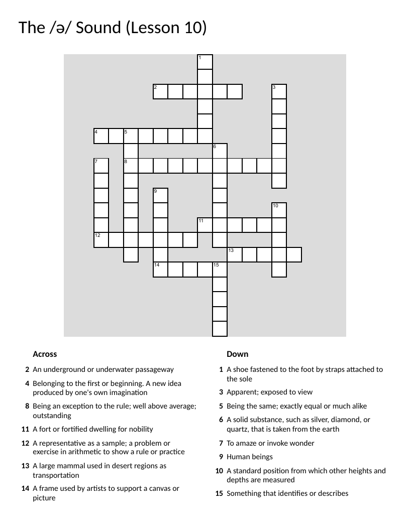 Schwa sound crossword with words like tunnel, castle, camel, and mineral.