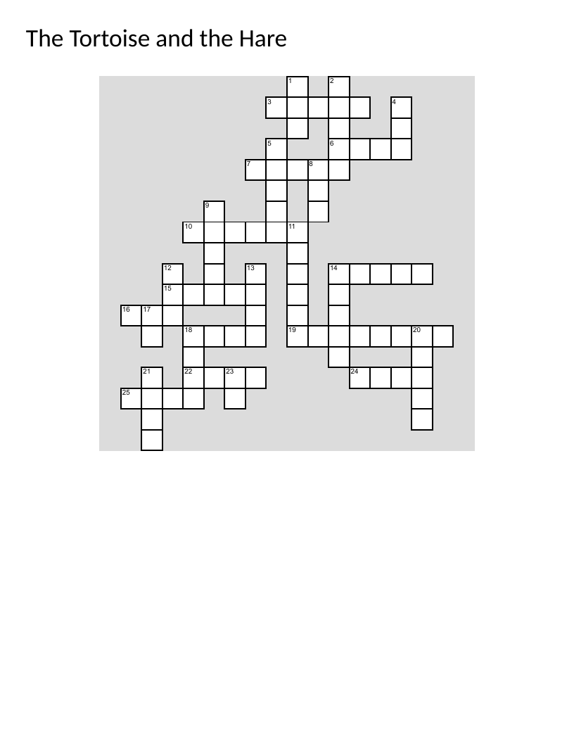 Hebrew vocabulary crossword for "The Tortoise and the Hare" fable with words like slow, fast, and race.