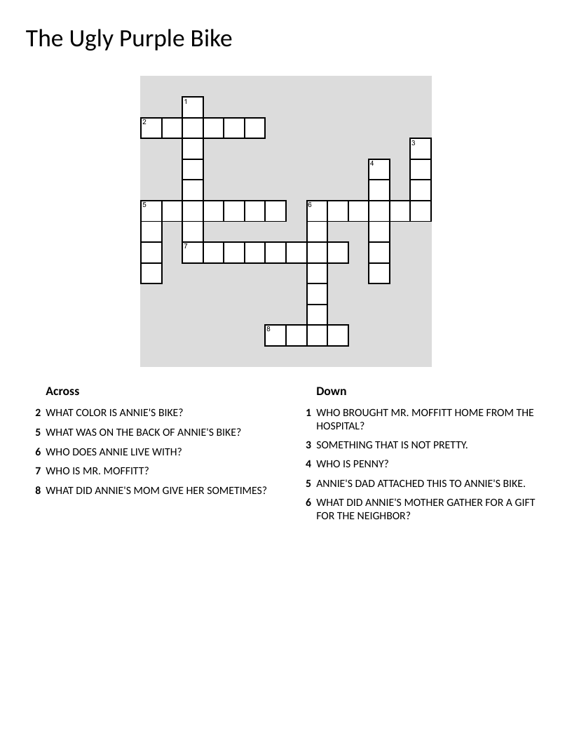 Reading comprehension crossword about Annie and her purple bike with baskets.