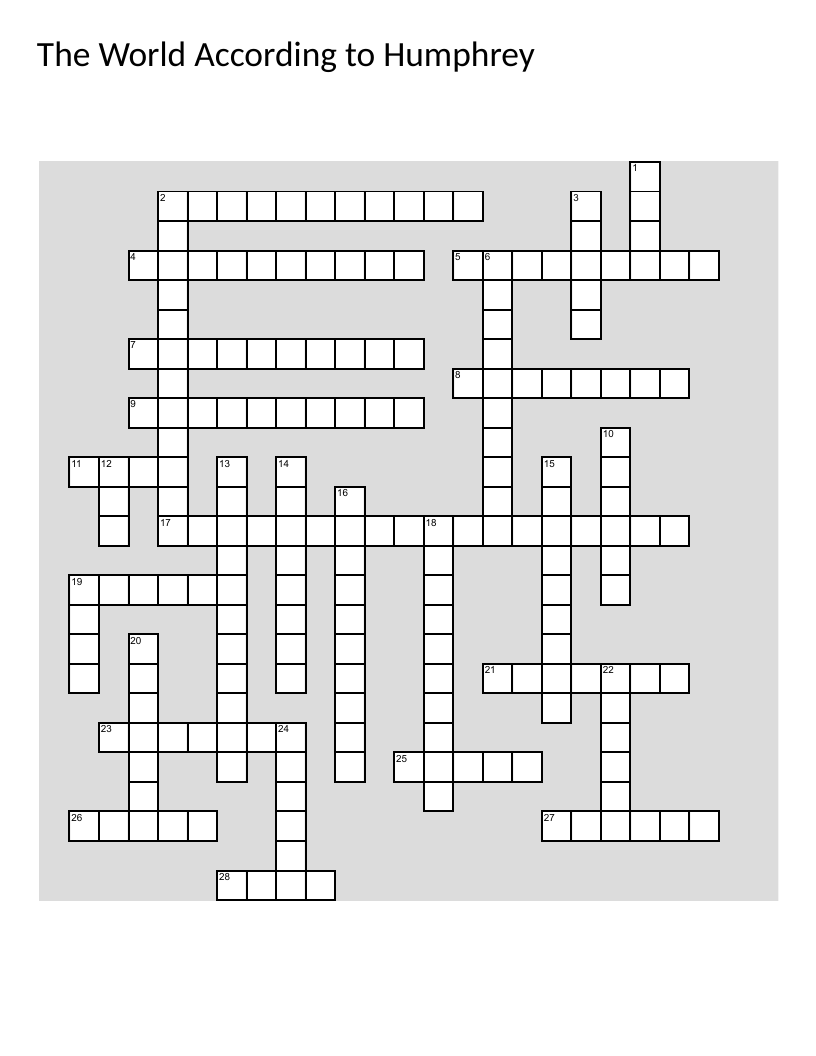 The World According to Humphrey crossword puzzle with characters, settings, and plot details from the novel.