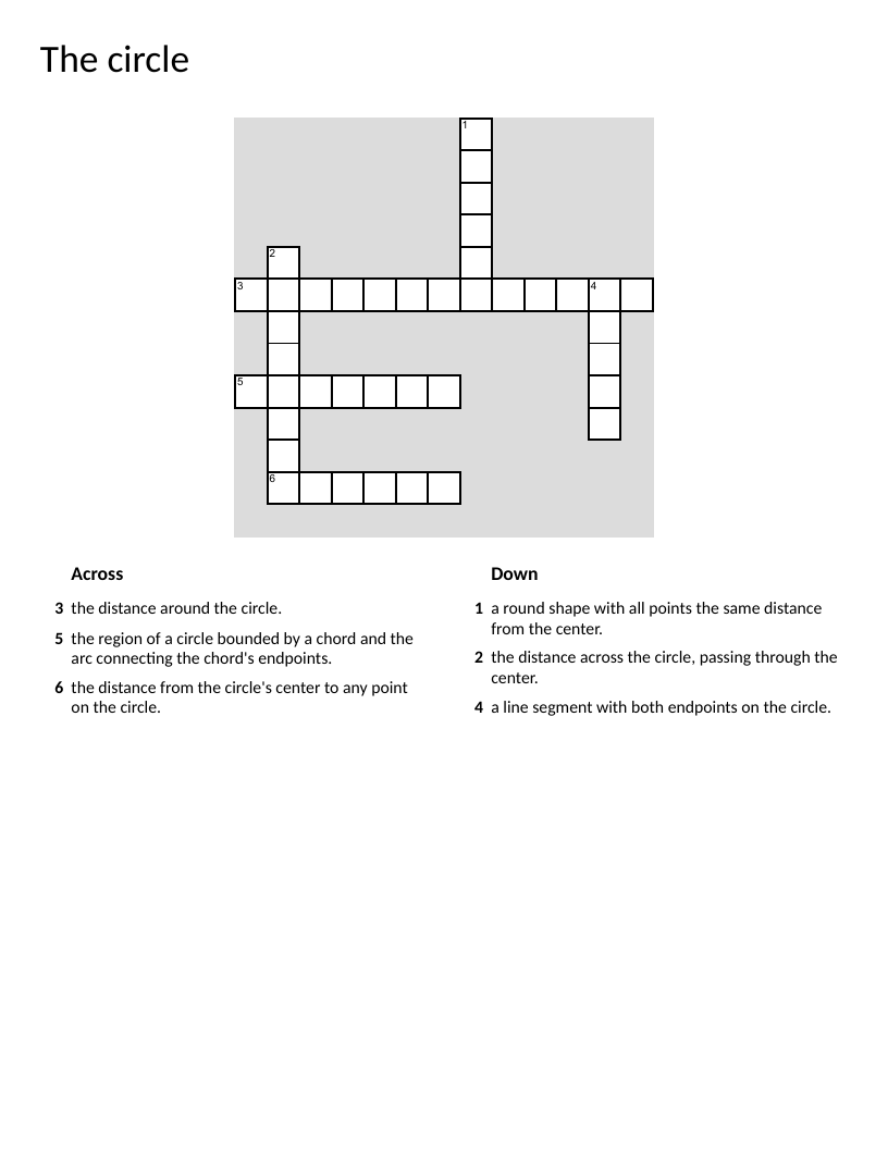 Circle geometry crossword with circumference, diameter, and radius terms.
