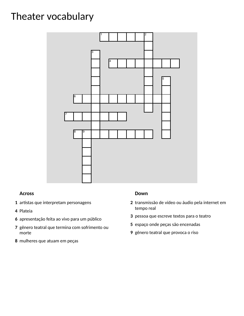 Theater vocabulary crossword with Portuguese clues and English answers.