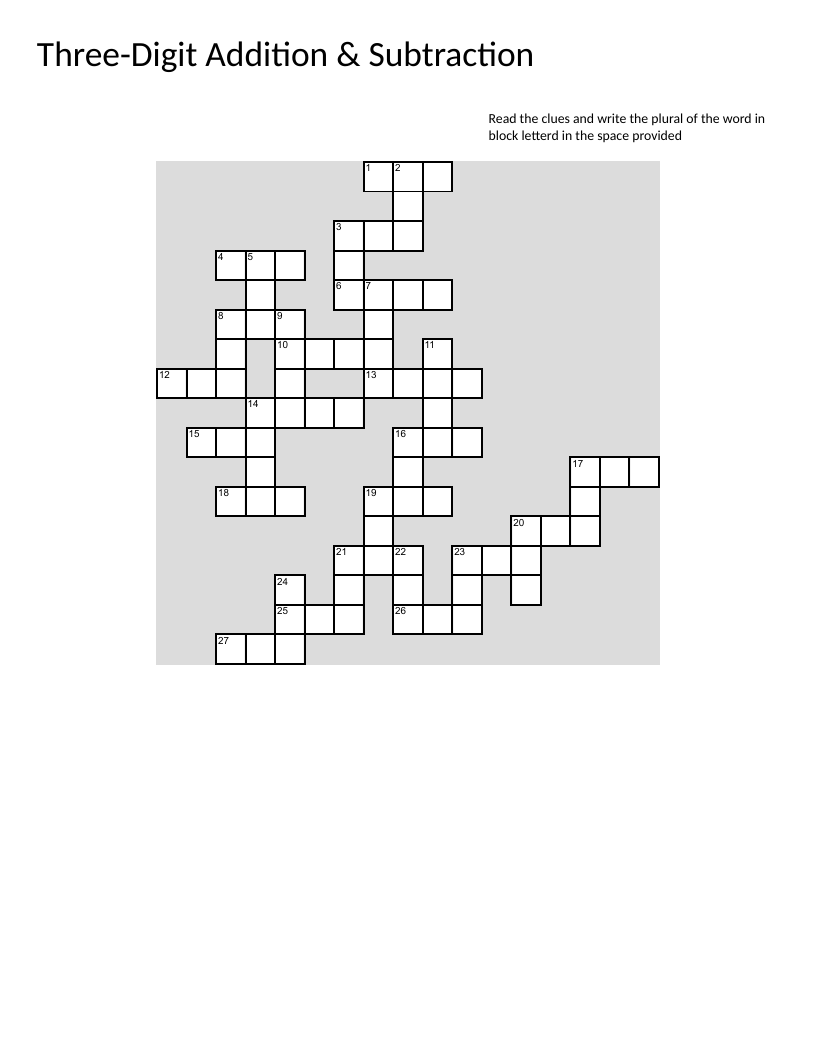 Addition and subtraction crossword for three-digit arithmetic practice.