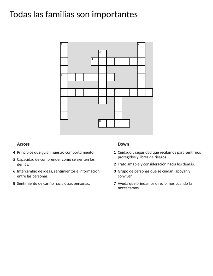 Spanish family values crossword with words for empathy, communication, respect, and family.