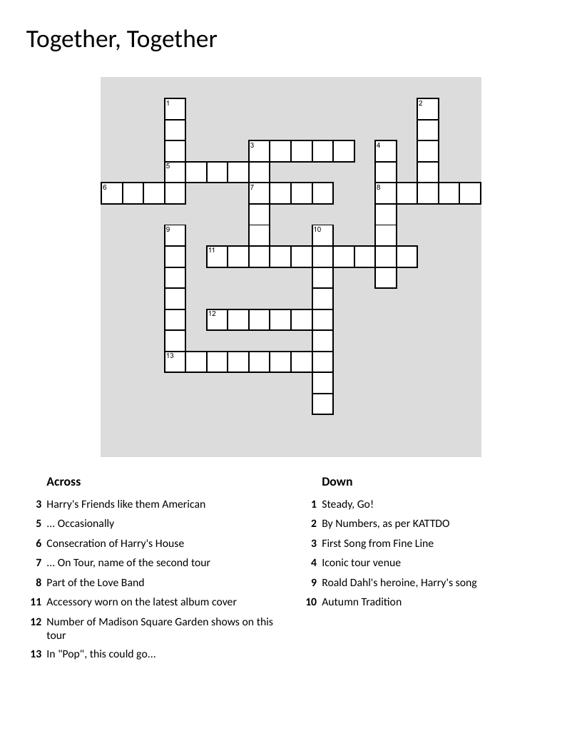 Harry Styles music and tour trivia crossword puzzle.