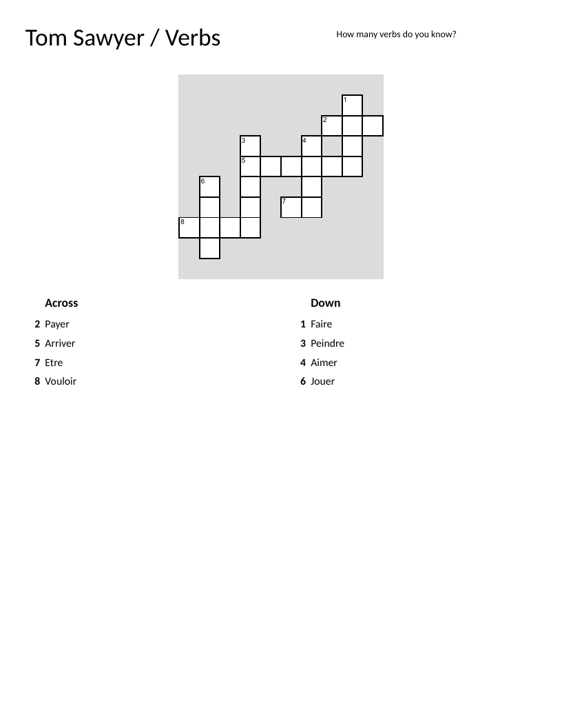 French verbs crossword with être, faire, peindre, and other infinitives.