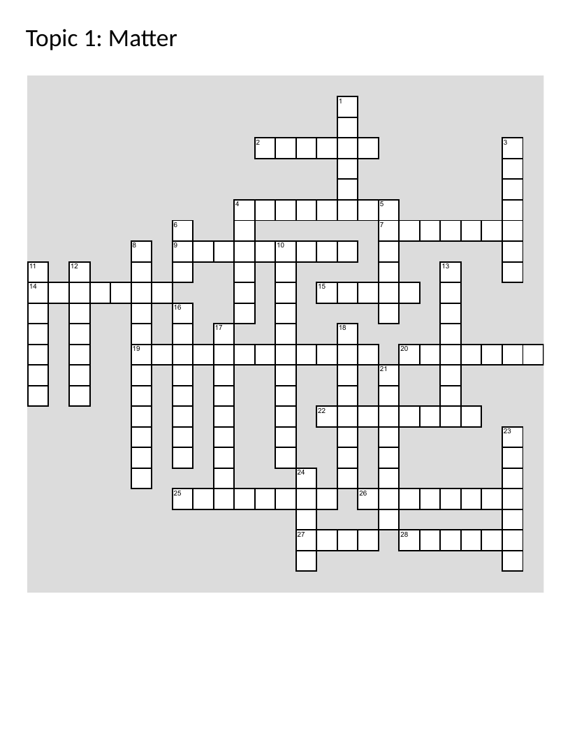 Matter and atomic structure crossword with atom, molecule, element, and states of matter.