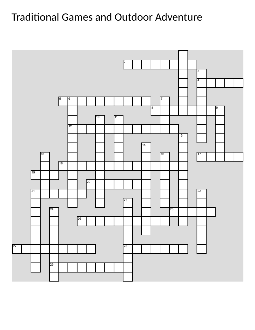 Crossword featuring traditional Botswana games, camping, hiking, and outdoor adventure.
