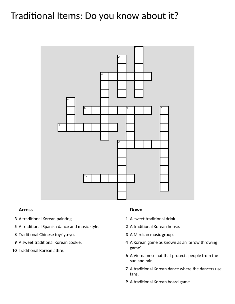 Traditional arts and crafts crossword with cultural items from Korea, Spain, Mexico, and Vietnam.