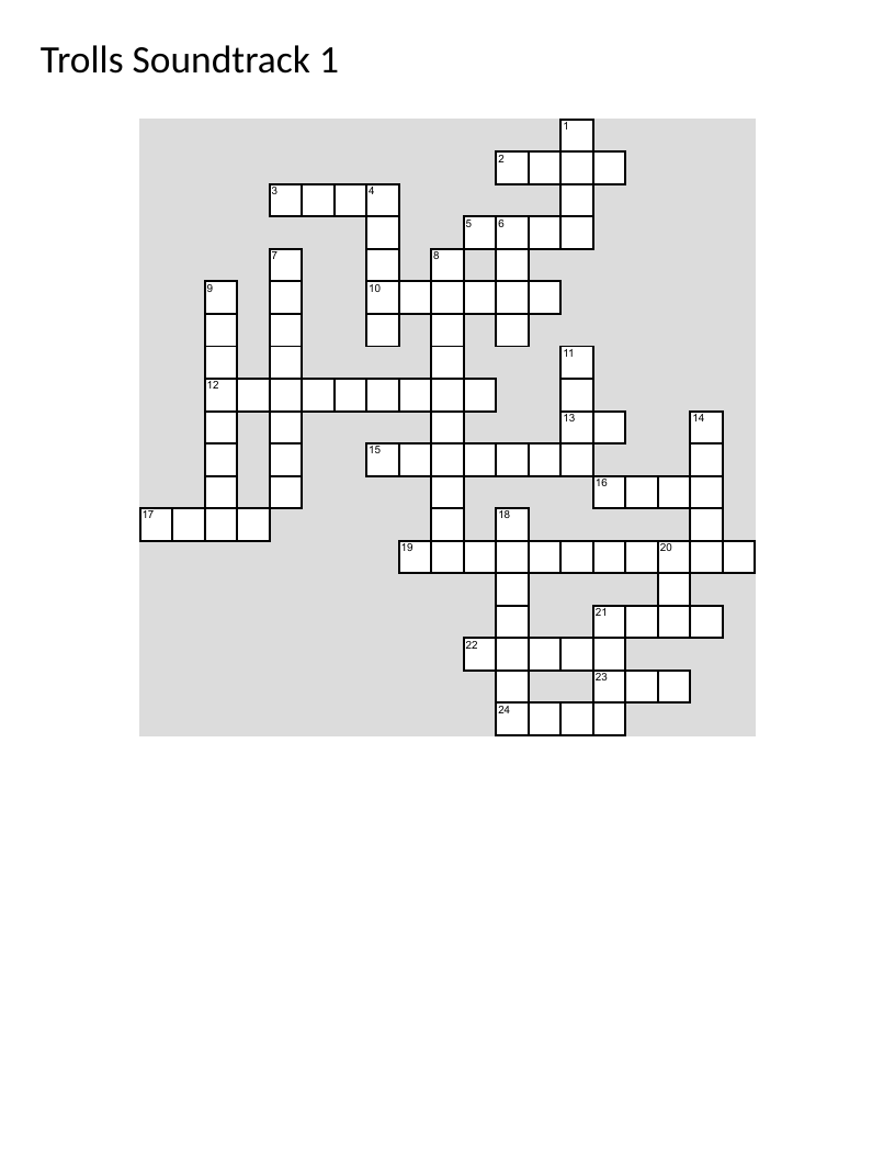 Trolls soundtrack crossword with songs "September," "Celebration," and voice actor names.