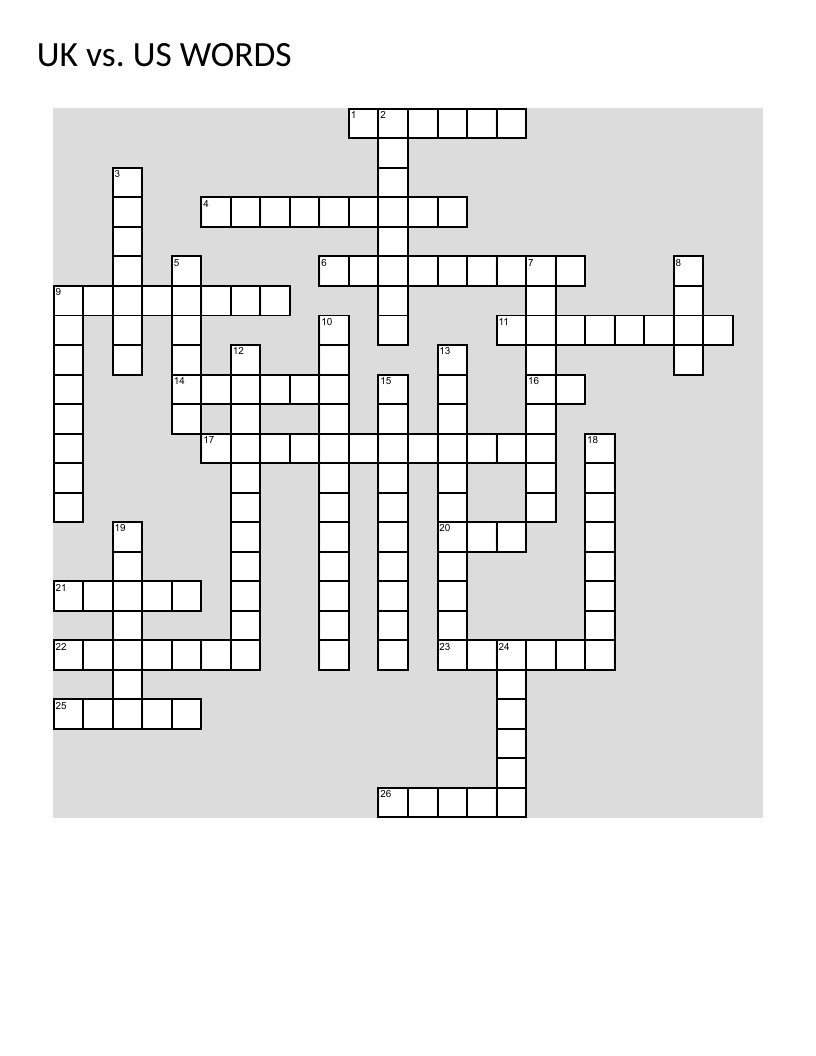 British vs. American English vocabulary crossword with words like petrol, flat, and bumbershoot.