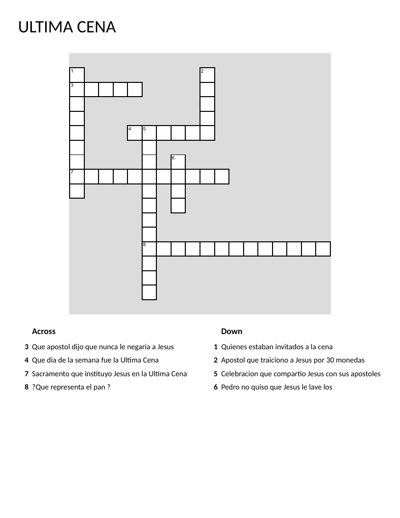 Spanish-language crossword on La Última Cena with topics like apostles and Eucharist.