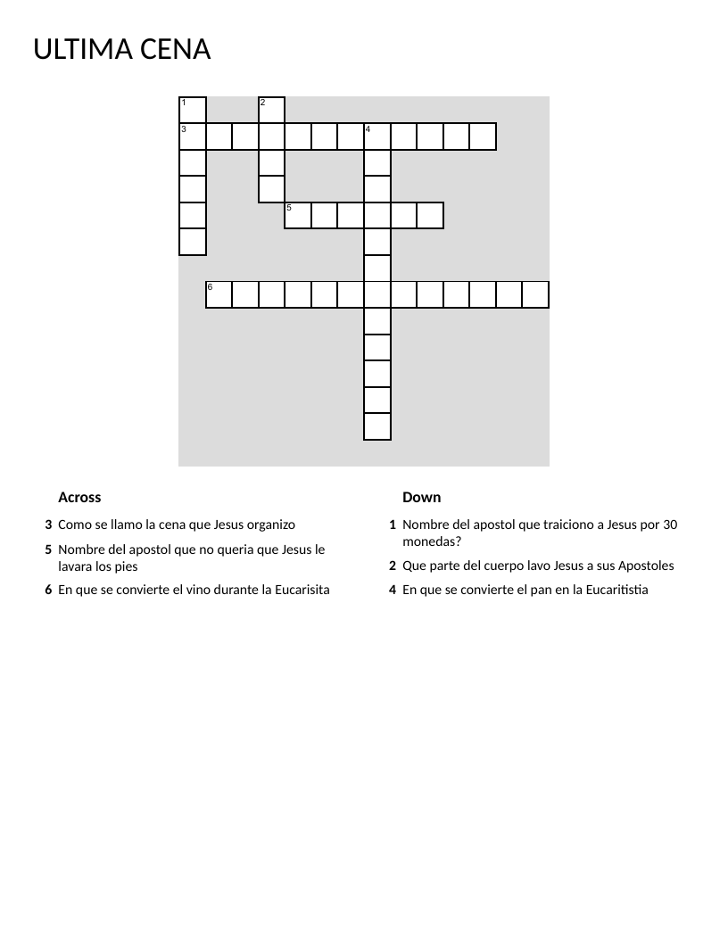 Spanish crossword puzzle about the Last Supper, Jesus, and the apostles.