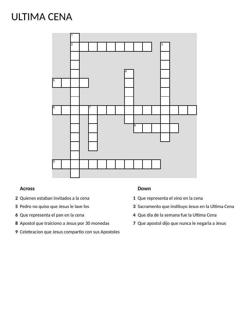 Spanish crossword about La Última Cena with apostles, bread, wine, and sacraments.