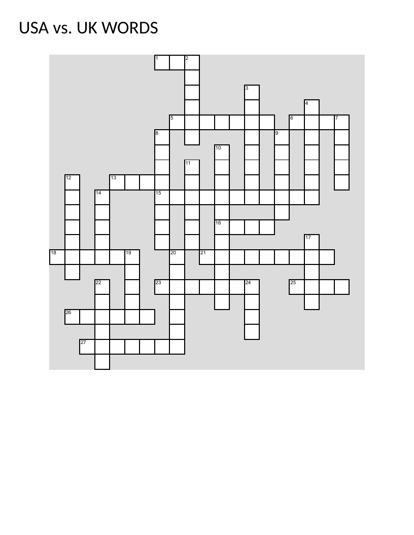 American versus British English vocabulary crossword with words like lift, petrol, and lorry.