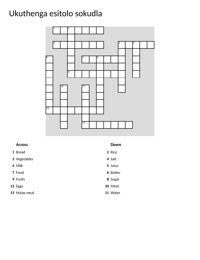 Zulu grocery shopping crossword with food vocabulary like bread, milk, and vegetables.