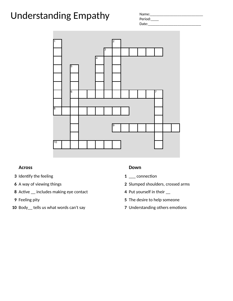 Empathy crossword puzzle on listening, perspective, and compassion for students.