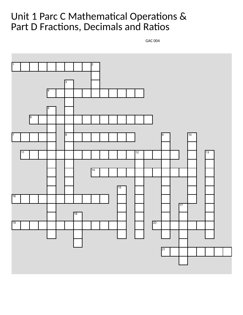 Math vocabulary crossword puzzle on fractions, decimals, and operations.
