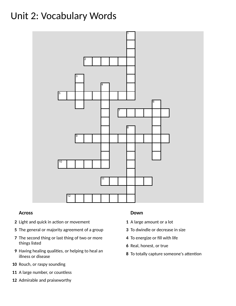 Vocabulary crossword for Grades 6–8 with academic words like consensus and therapeutic.