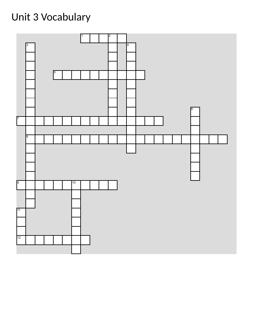Algebra vocabulary crossword with terms like exponent, variable, and coefficient.