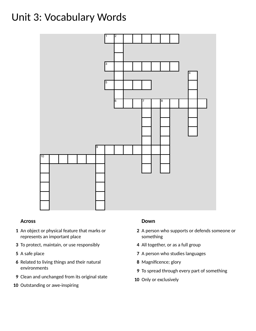 Vocabulary crossword puzzle with words like landmark, conserve, pristine, and advocate.